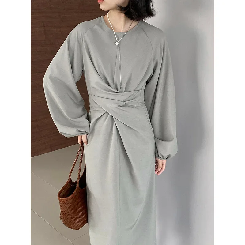 

French Style Drape, Gentle Wind, Tied Waist, Lantern Sleeves, Dress, Long Skirt