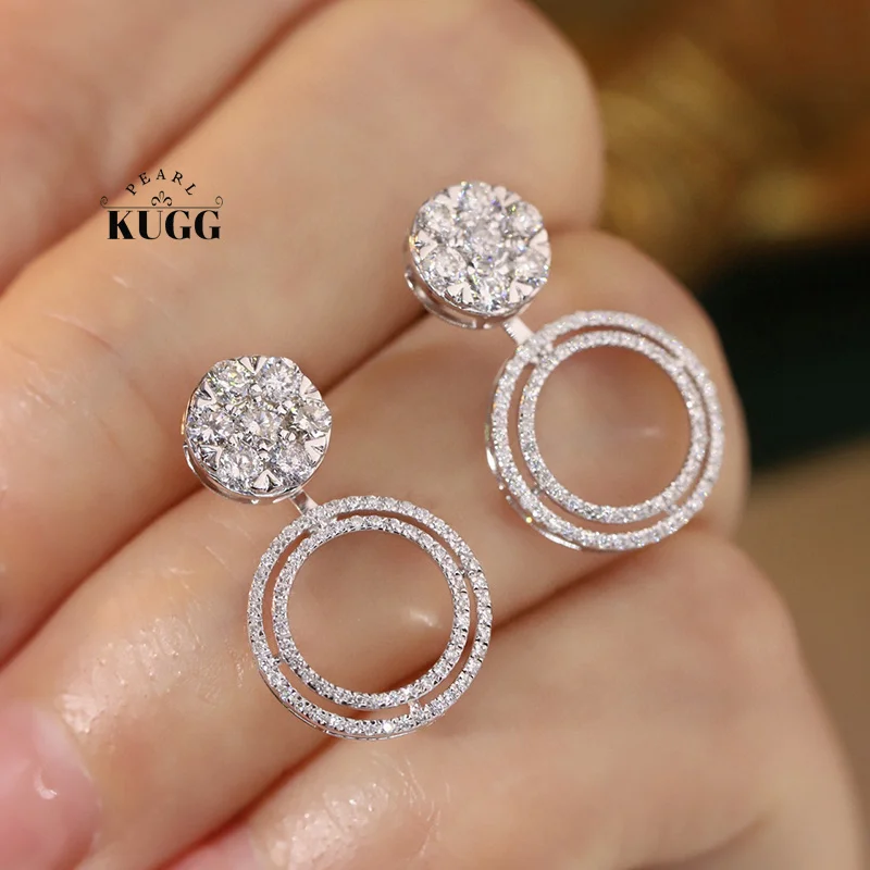 KUGG 100% 18K White Gold Earrings Luxury Round Design 1.0carat Real Natural Diamond Stud Earrings for Women High Wedding Jewelry