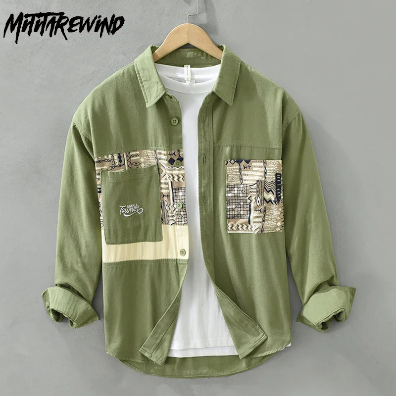 

Новые весенние мужские рубашки с длинным рукавом, уличные свободные топы, молодежная японская модная зеленая рубашка с лоскутным принтом, мужская одежда из чистого хлопка
