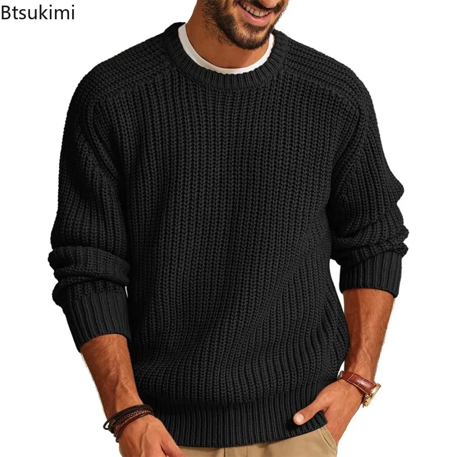 2025 الخريف الشتاء الرجال جديد بلون طويلة الأكمام طاقم الرقبة محبوك سترة الذكور موضة عادية فضفاض Vintage متماسكة البلوز