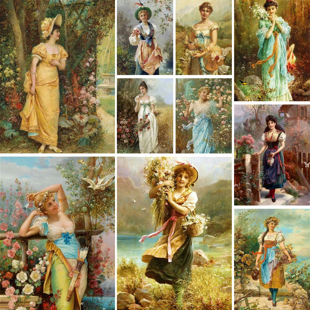 European Woman Printed Canvas 11CT Cross Stitch Set Embroidery DMC Threads Painting Craft Sewing Handmade Different Counted Gift