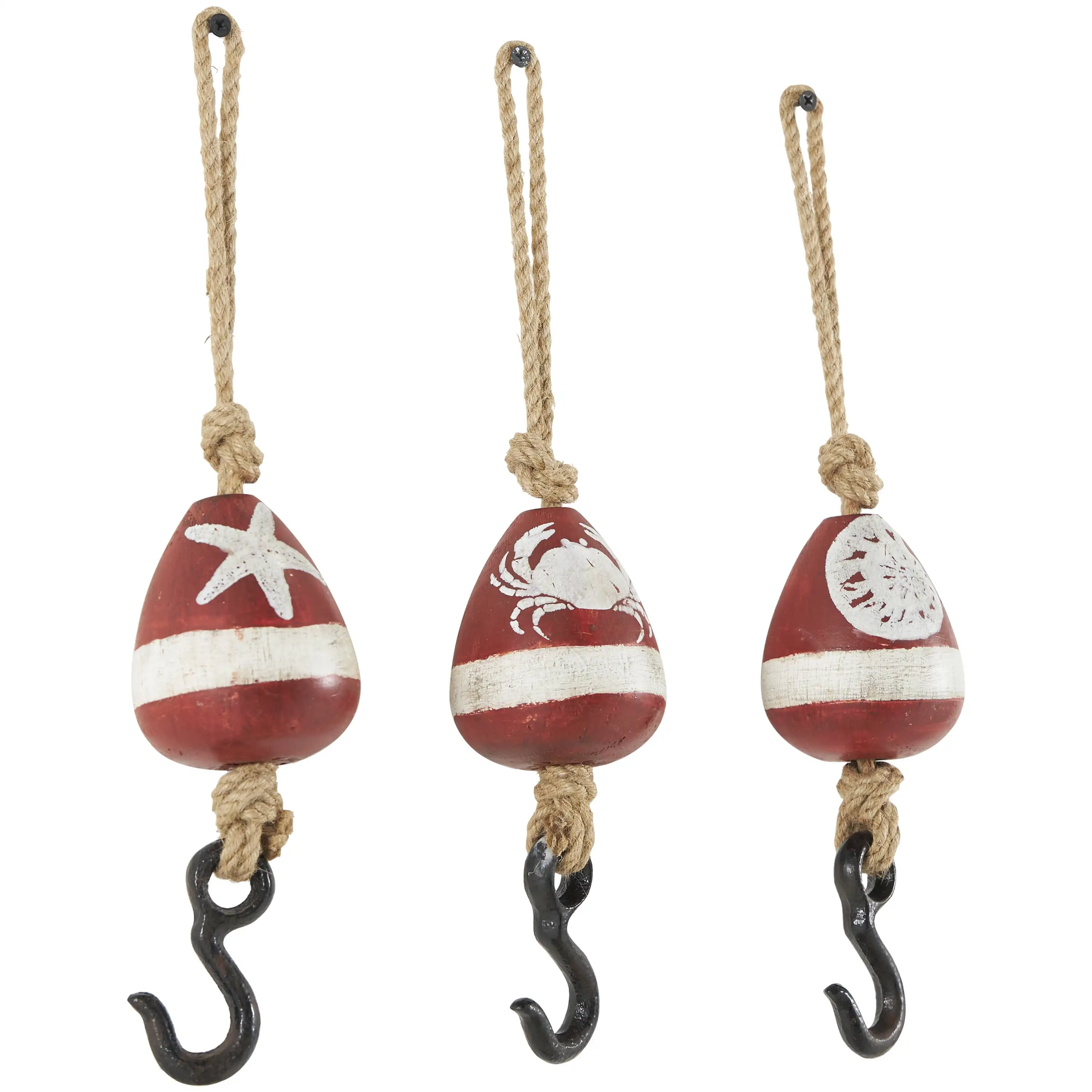 3W, 14H Red Wood Buoy Wall Hook with Jute Rope and Metal Hook, 3-Pieces