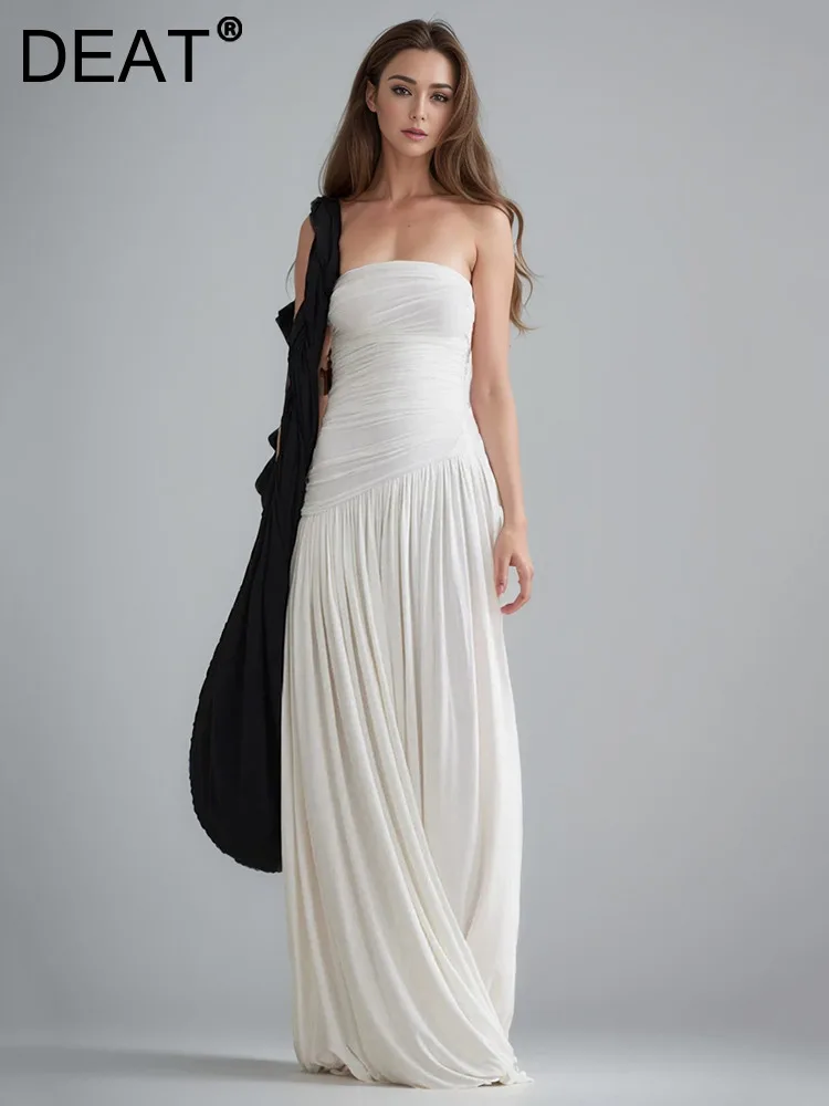

DEAT Fashion Women's Chest Wrapping Dress Slash Neck Folds Zipper Waist Retraction Ankle-length Dresses Summer 2024 New 7AB4251