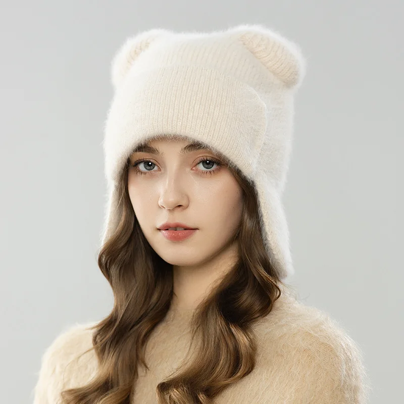 

Angora Hat Earflap Women Winter Knit Beanie Ears Design Bomber Hat Warm Accessory For Cold Weather Autumn Outdoor Skiing Holiday