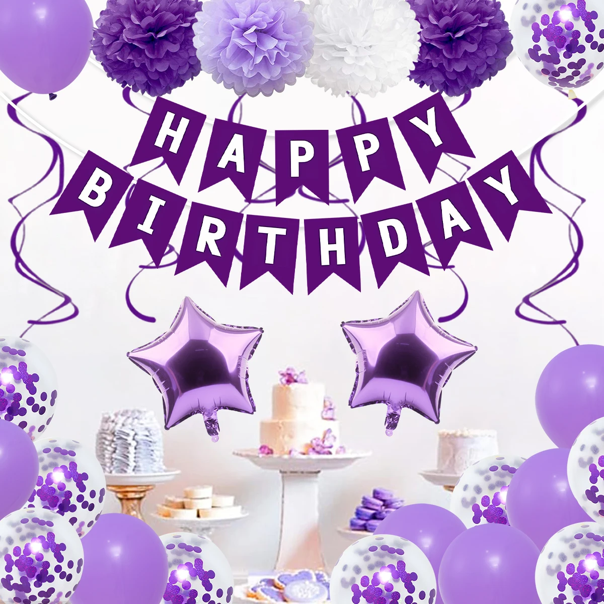 

34pcs Purple Balloons Garland Arch Kit Chrome Purple Metallic Confetti Star Balloons Banner Set Birthday Graduation Party Decor