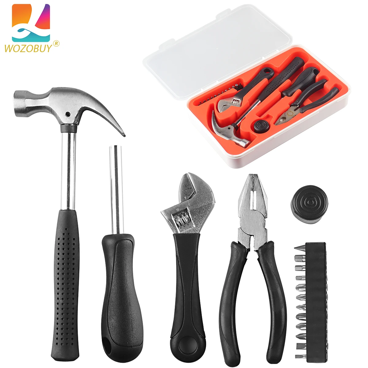 

WOZOBUY 17 In 1 Multifunctional Home Repair Hand Tool Set Pliers Tape Measure Hammer Wrench Screwdriver Hardware With Toolbox