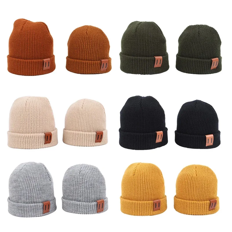 Baby Knit Hat for Boys Girls Autumn Winter Warm Kids Beanie Adult Children Parent-Child Hats Newborn Baby Cap with Leather Label