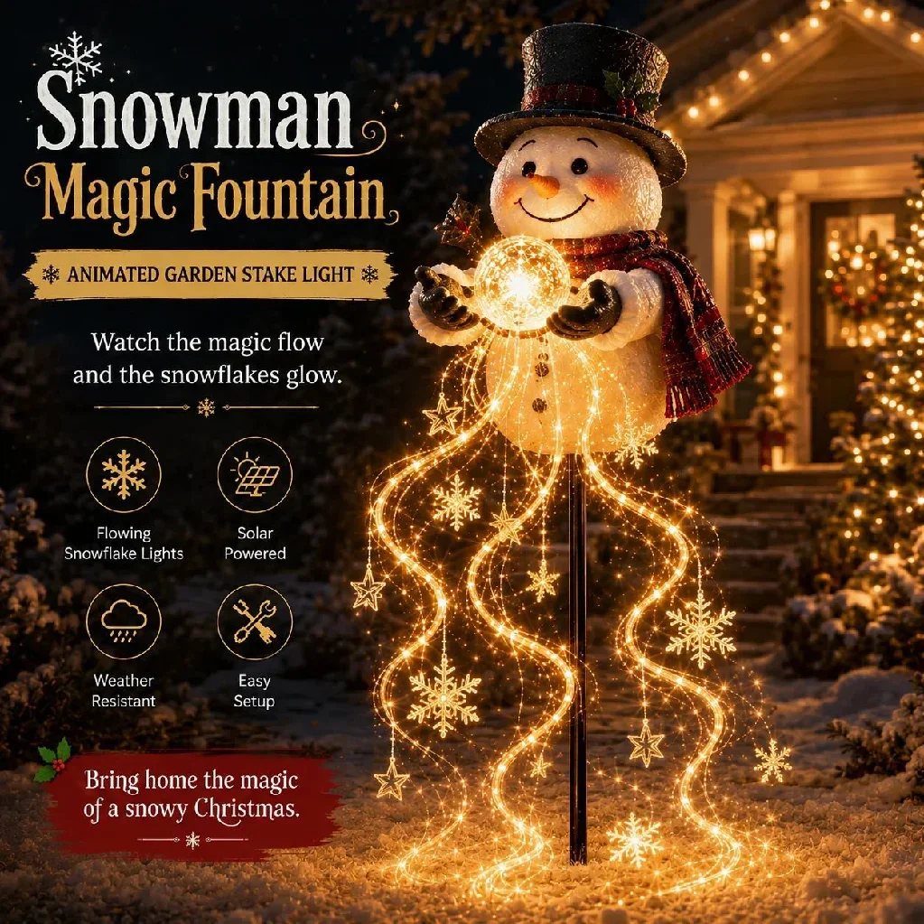 Christmas magic snowman with floating snowflake LED garden lights, snowman magic fountain star waterfall, patio ambiance lights