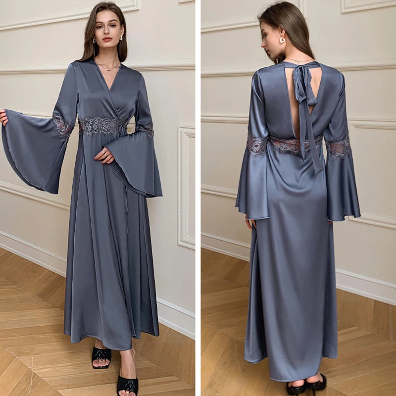 Sexy Women\'s Pajama Gown Satin Ice Silk French Elegant Transparent Backless Home Clothes Nightwear Lace Stitching Robe Dresses