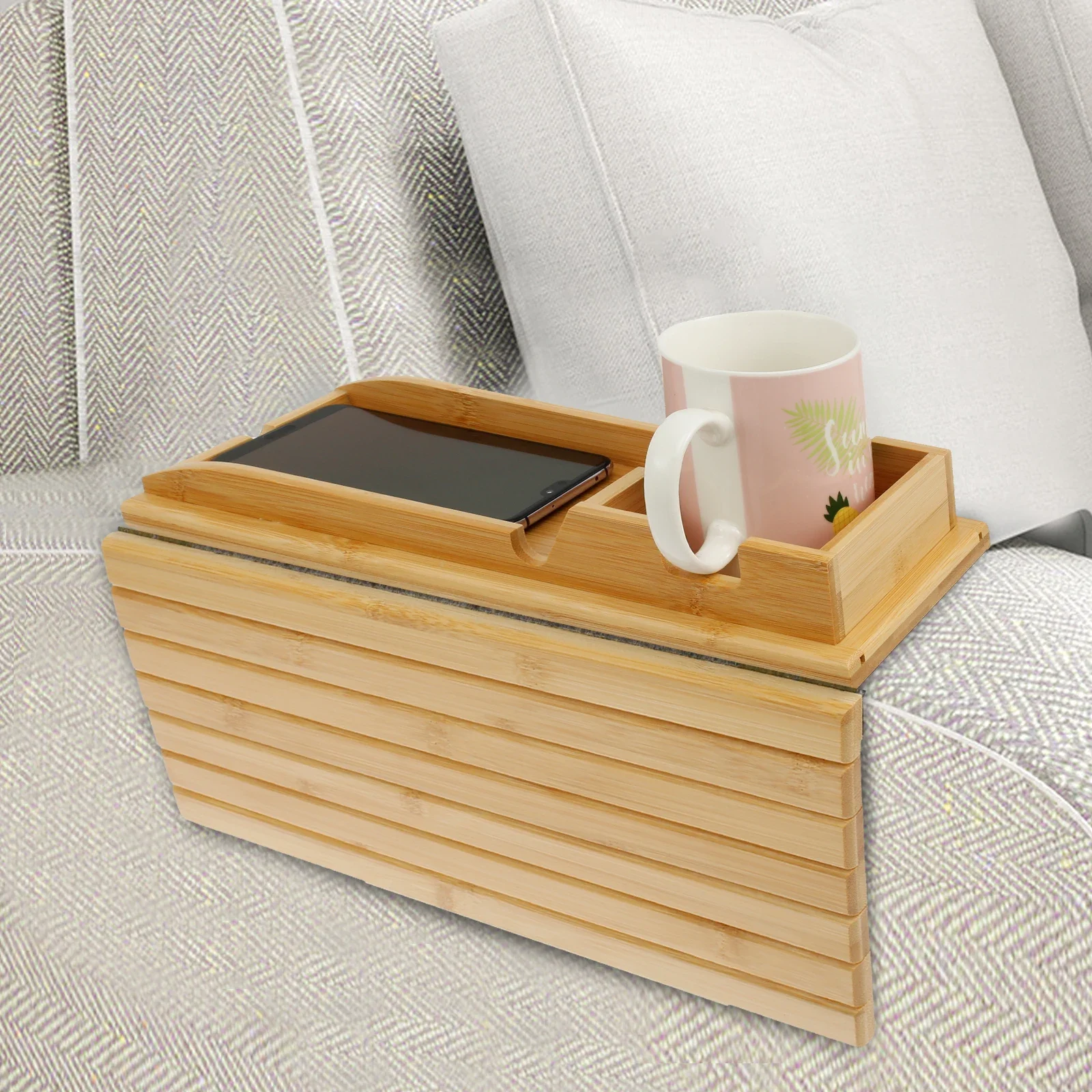 

Sofa Tray Bamboo with Wood Remote Control Holder Folding Anti Slip Couch Armrest Cup Holder Detachable for Couch Storage