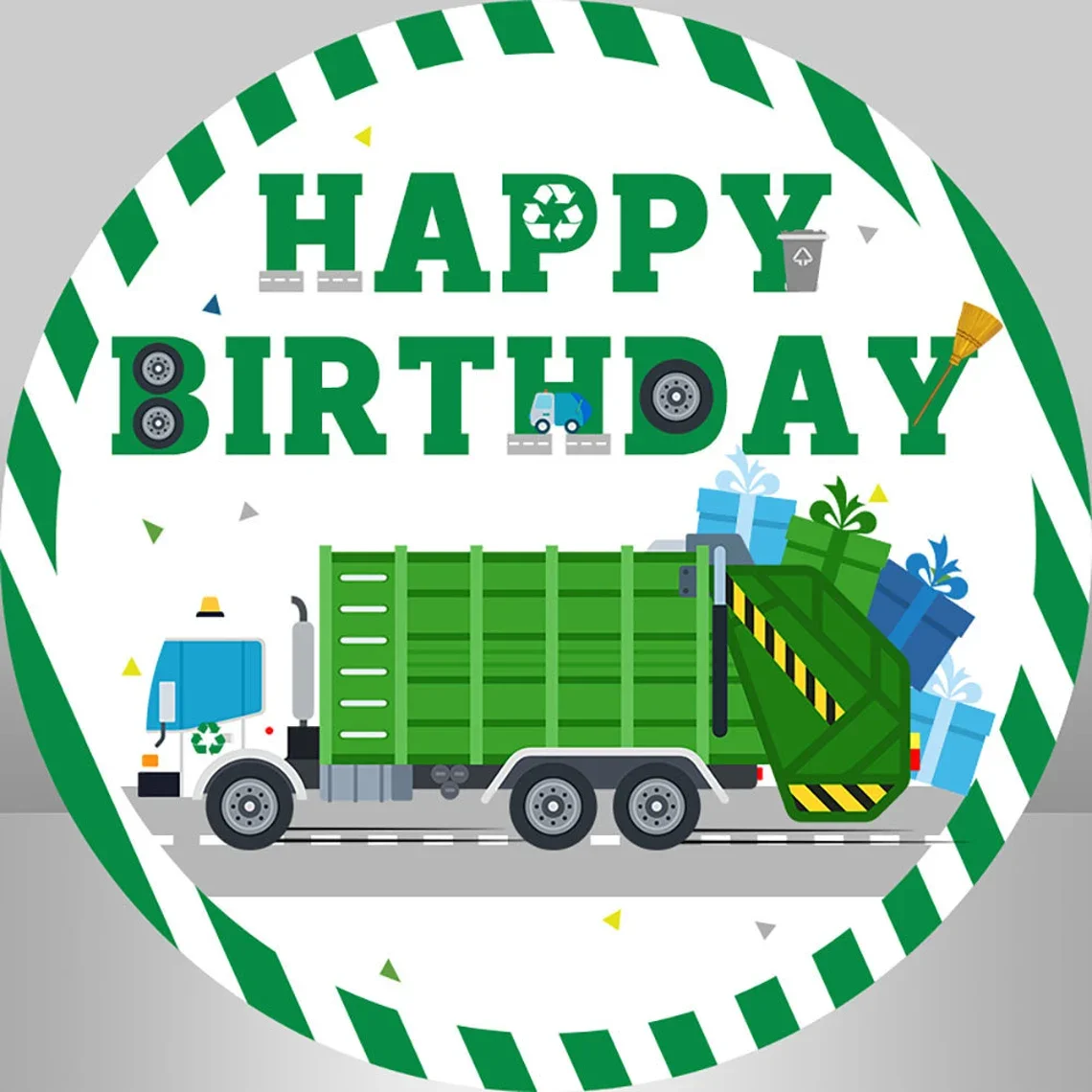 Garbage Truck Round Photo Backdrop Waste Management Party Happy Birthday Photography Background Green Circle Photo Studio Props