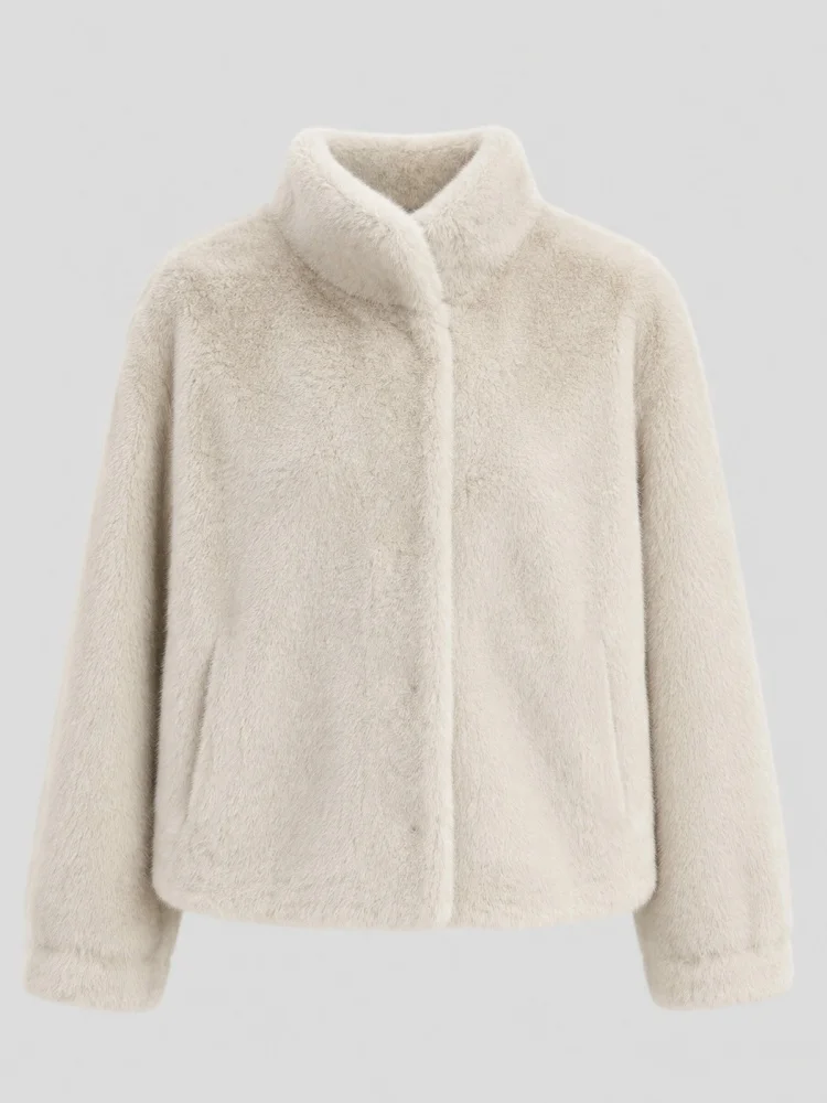 AACHOAE Women Faux Fur Jacket Winter Coat Stand Collar Long Sleeve Snap Button Warm Loose Casual Elegant Outerwear