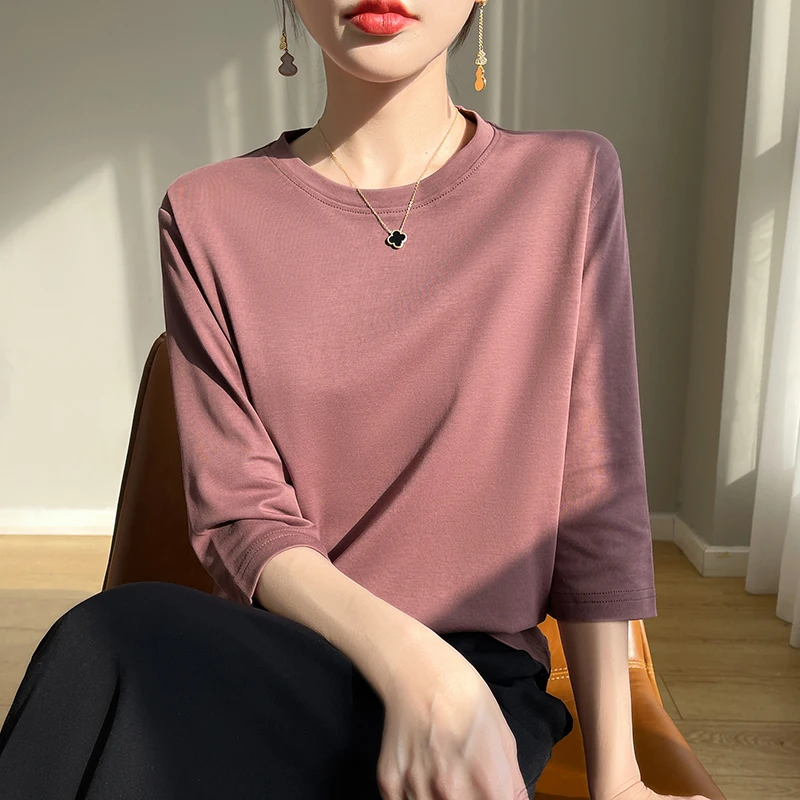 

100% Cotton Short-Sleeved T-shirt Women's Cropped Sleeves Spring Loose Semi-High Round Neck Shoulder Cotton Bottoming Top