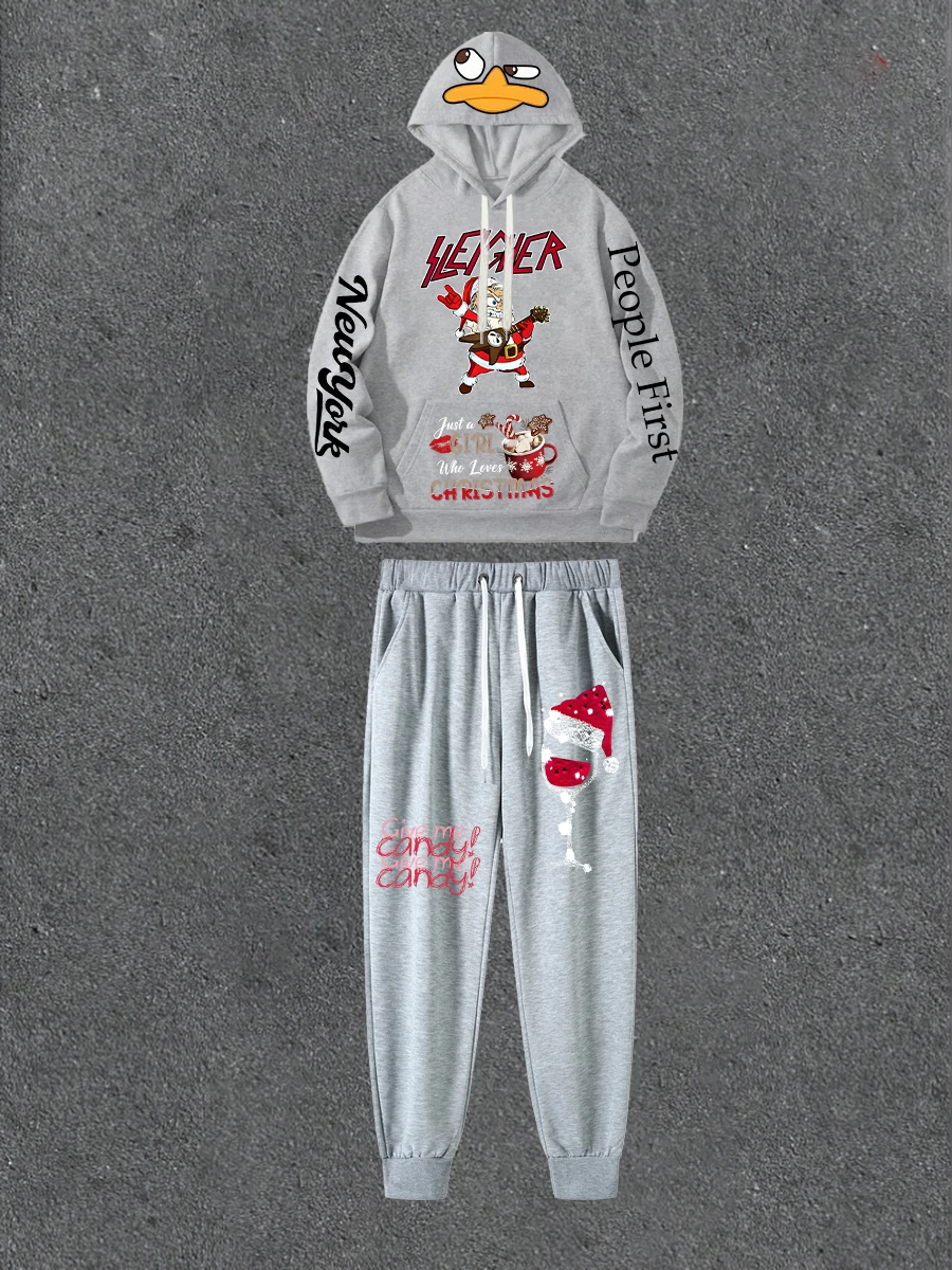 

Gray Double-sided Printed Hoodie Paired With Printed Casual Pants Loose Hoodie Street Style Outfit With Casual Pants