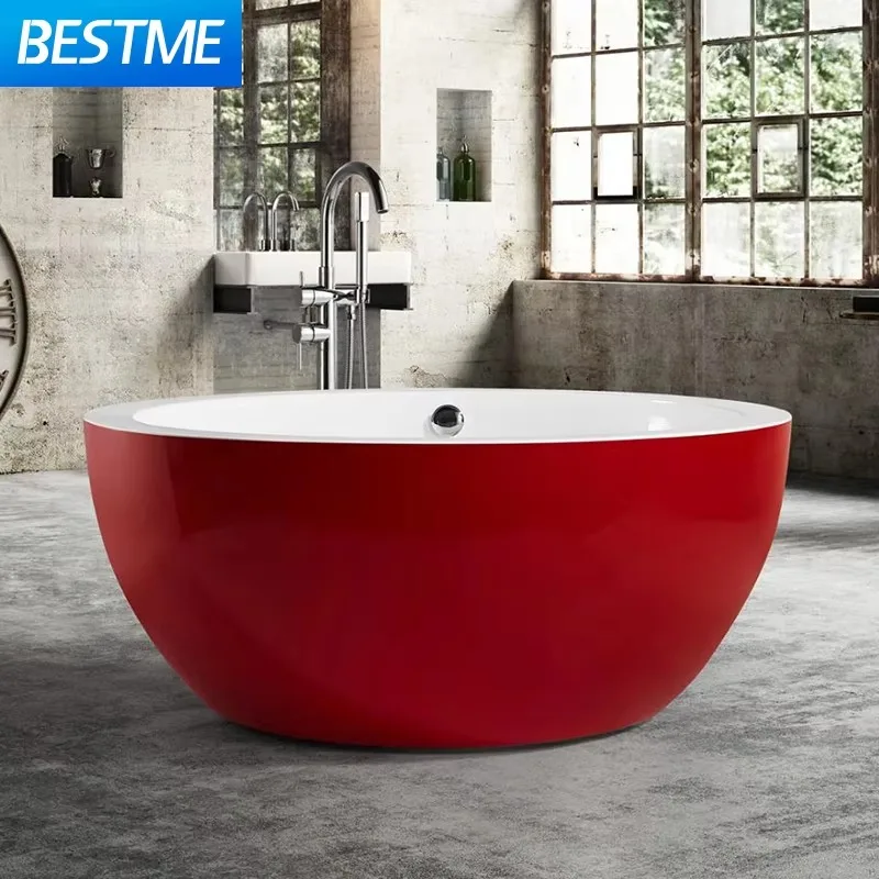 Durable Round Bathtub Dimension 1550mm Bathroom Solid Surface Freestanding Bathtub Red Acrylic Circular Bath Tub