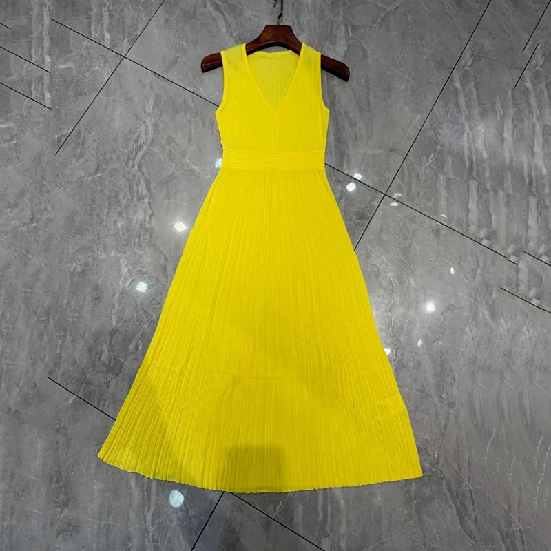 فستان نسائي جديد تنورة طويلة محبوكة مرنة لصيف 2025 الخصر الخصر سليم صالح بلا أكمام فساتين متوسطة الطول الخامس الرقبة فساتين الحفلات #2