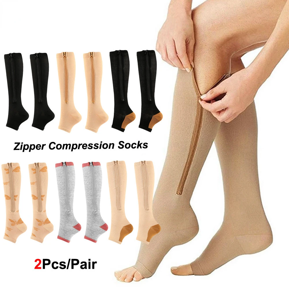 1Pair Zipper Compression Socks for Women & Men, Sturdy Zippered Stocking to Improves Blood Circulation, Relieves Pain & Swelling