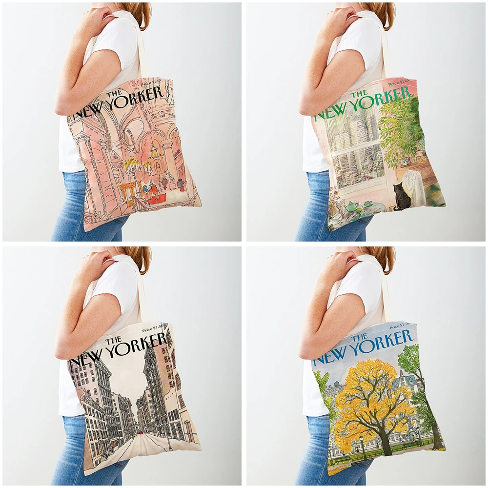 Double Print New Yorker Women Shopper Bags Supermarket Tote Lady Handbag Both Sides Reusable Foldable Casual Canvas Shopping Bag