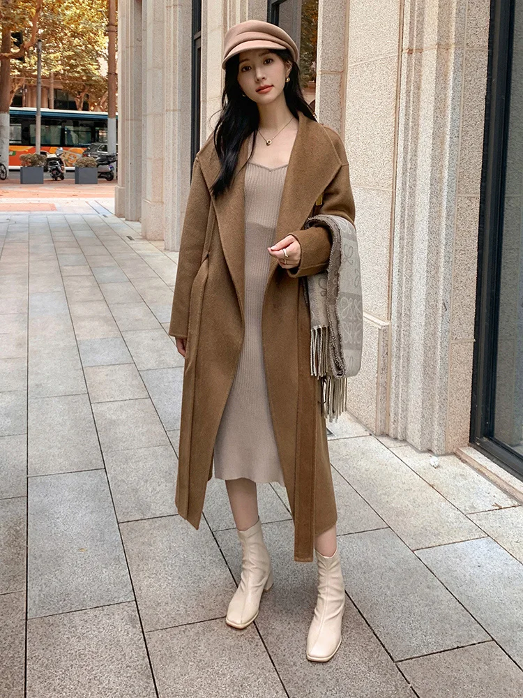 Camel Wool Double-Sided Woolen Wool Overcoat Long Women's Coat without Buckle Autumn and Winter New High-End Women's Clothing