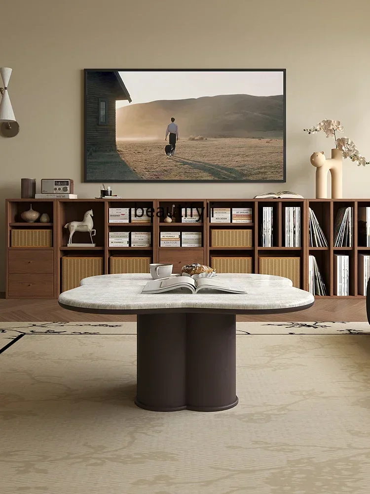 

Italian Minimalist Stone Plate Coffee Table French Retro Shaped Table Solid Wood Antique Style Living Room Home Light Luxury