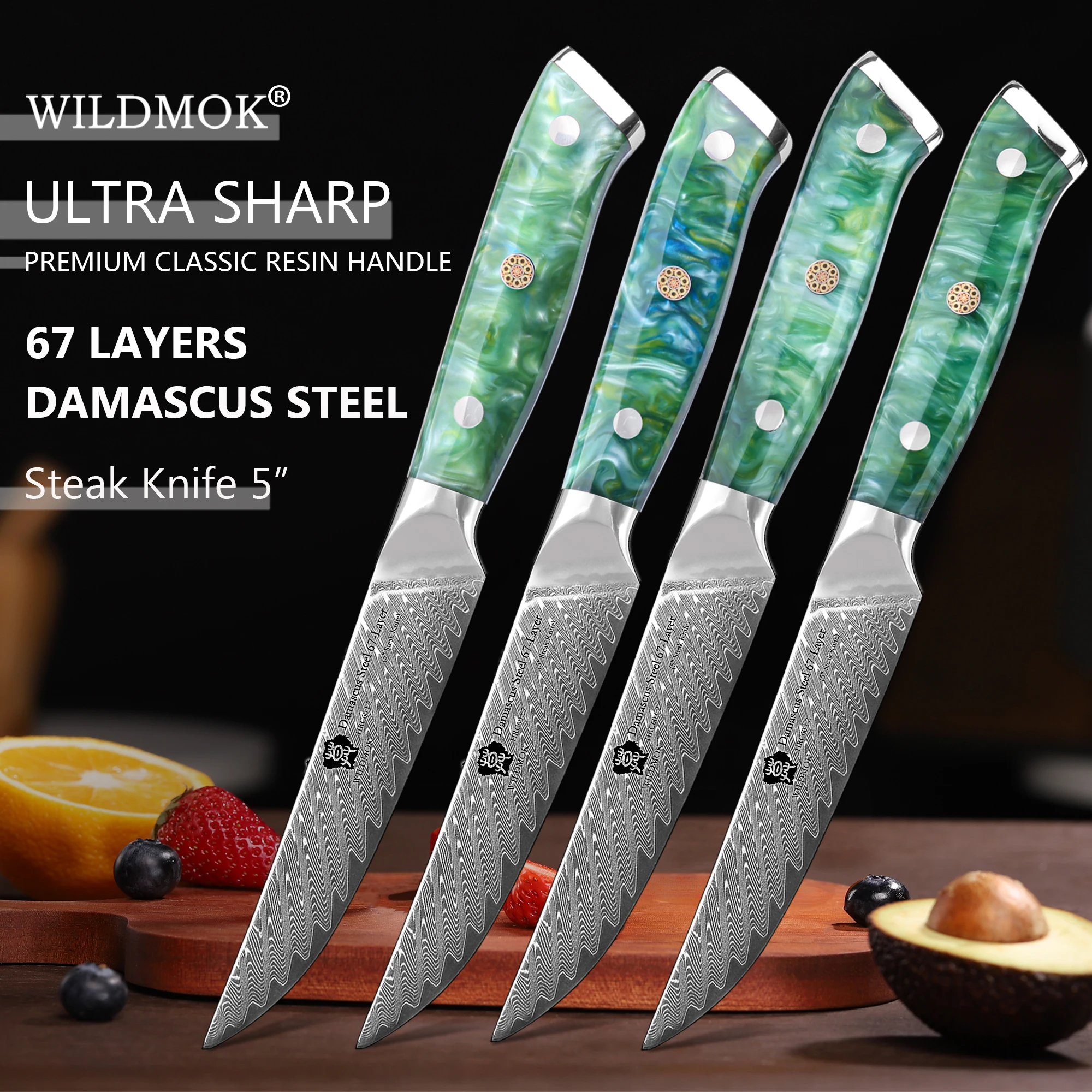 WILDMOK Steak Knives, 5 inch Non Serrated Steak Knife Set of 4, 67 Layers Damascus VG10 Steel Steak Knives,Premium Resin Handle