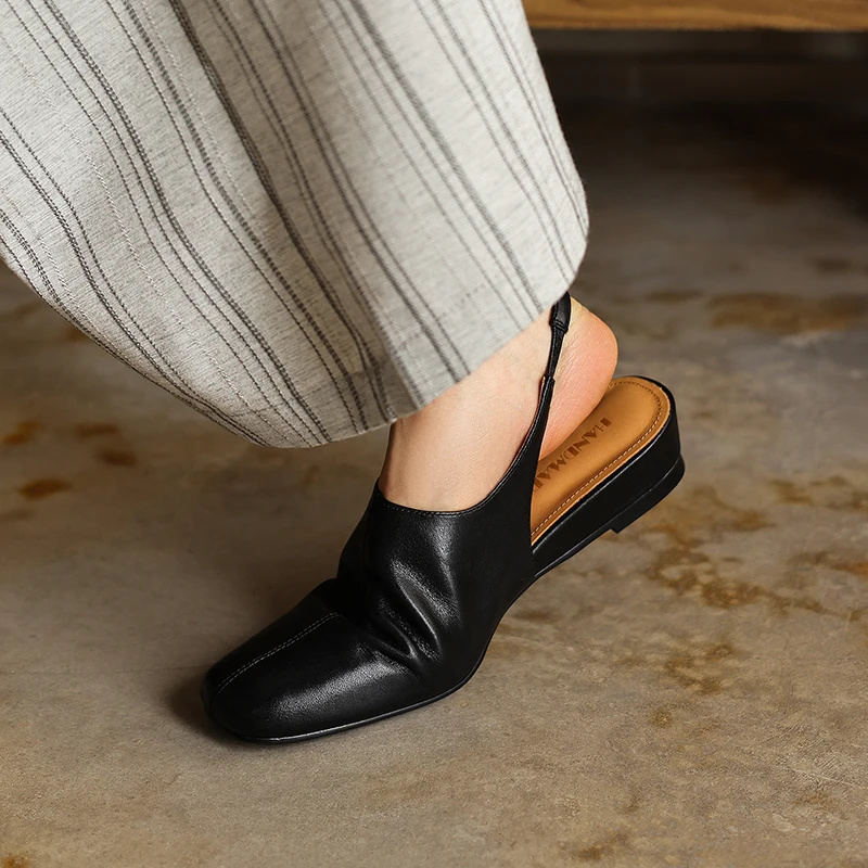 Genuine Leather Women's Sandals Summer 2026 New Retro Square Toe Wedge Middle Heels Slingback Cowhide Waxed Leather Casual Shoes
