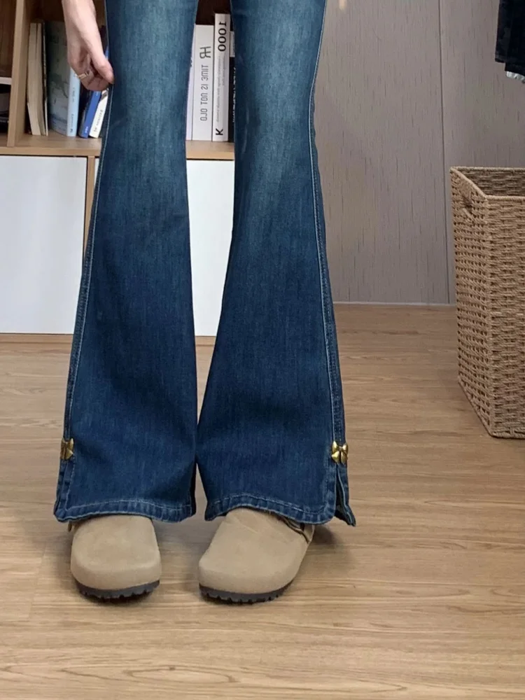 Hohe Taille Bell Bot Denim Jeans frauen Frühling Herbst Neue Sle plus Größe Knoten Retro Stretchy Ausgestelltes Hosen