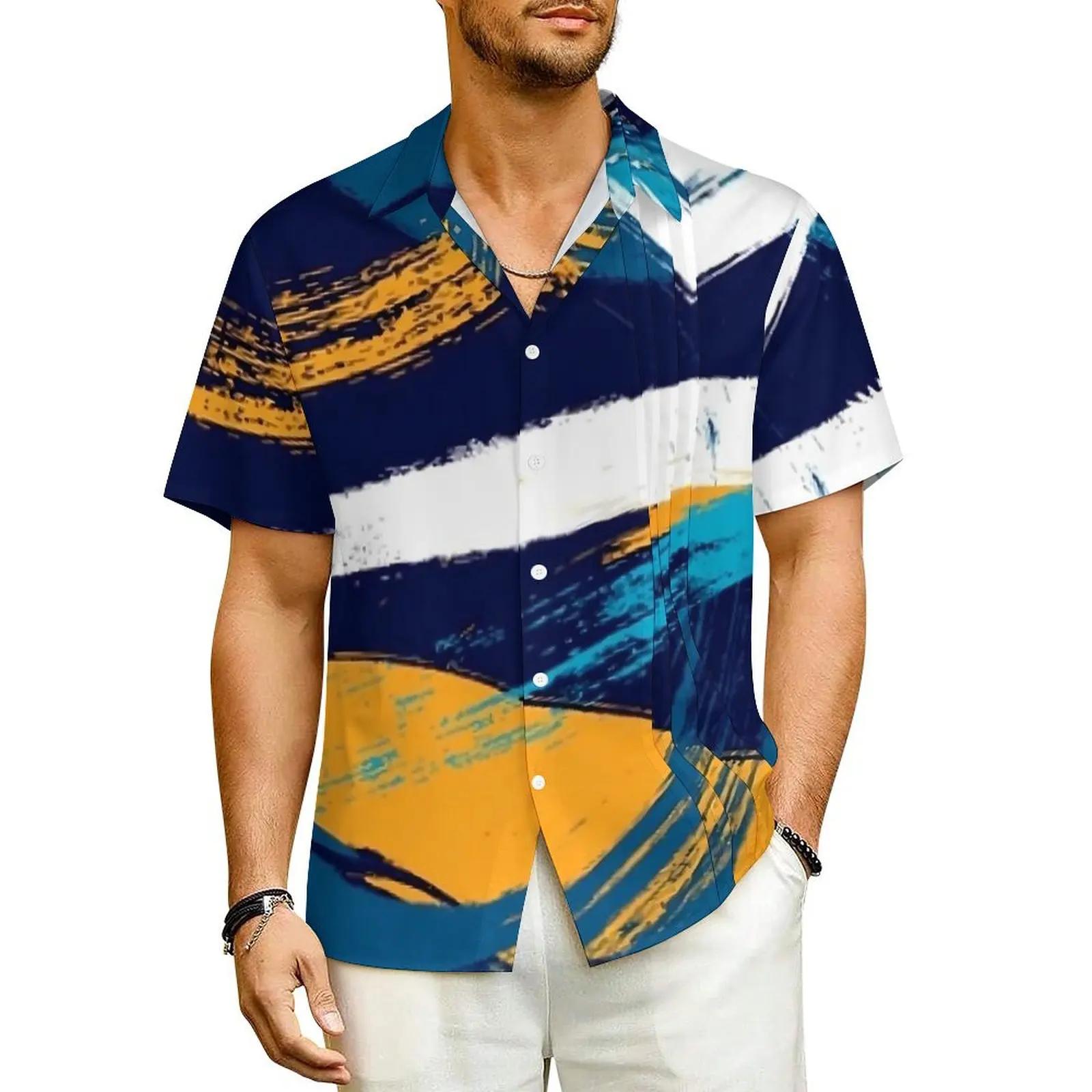 

Brush Print Vacation Shirt Men Blue Yellow White Retro Y2K Casual Shirts Hawaiian Short-Sleeve Harajuku Design Oversize Blouses