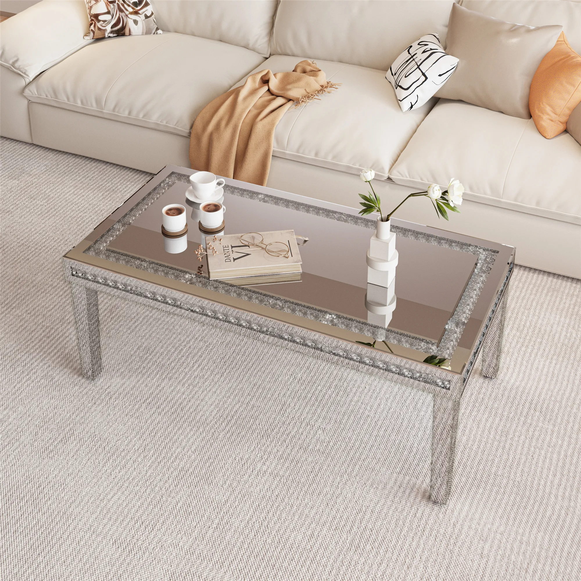 Large Rectangular Diamond Mirrored Crystal Coffee Table for Living Room Furniture