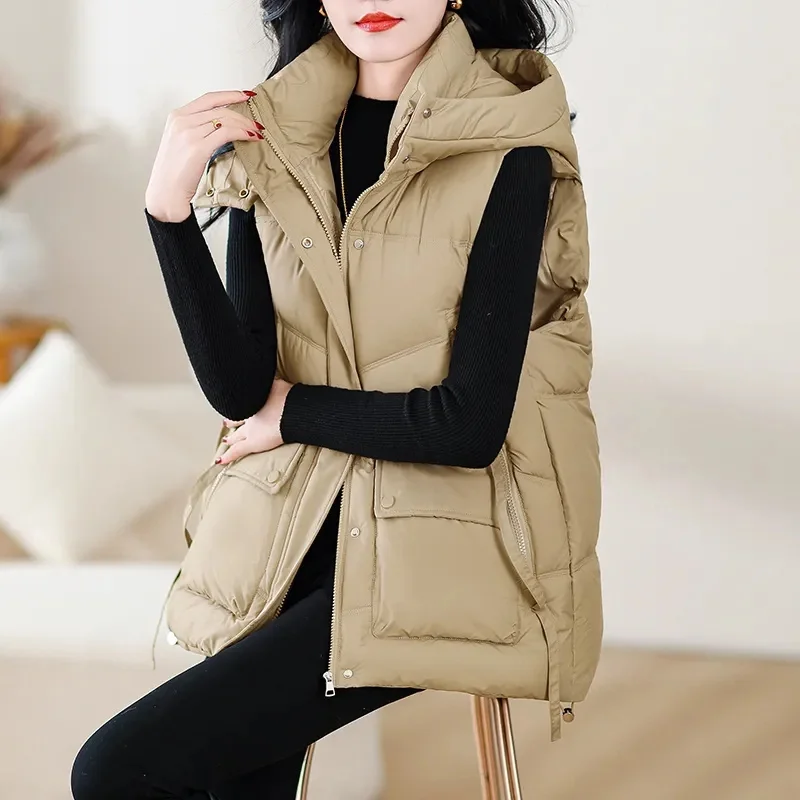 

Women Long Vest Coat Solid Color Thermal Down Jacket Winter Padded Hooded Vest Mid-length Warm Lightweight Lady Outerwear