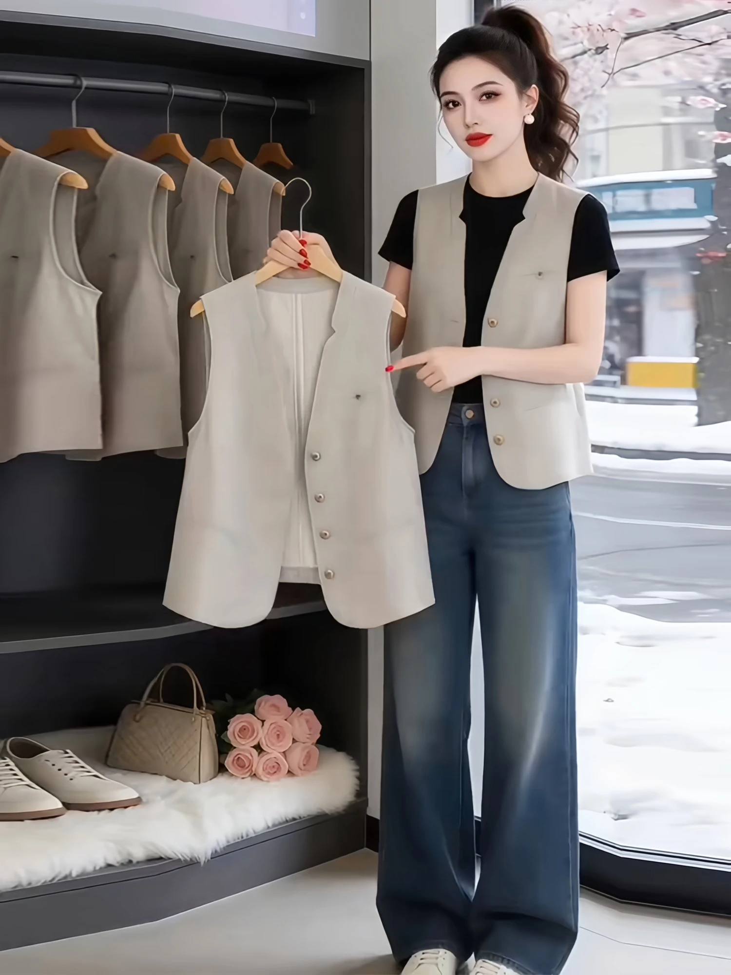 

British Style Thin Linen Vest Women's Summer New V-neck Sleeveless Shoulder Pad Top Buttoned Inner Wear Regular Length...