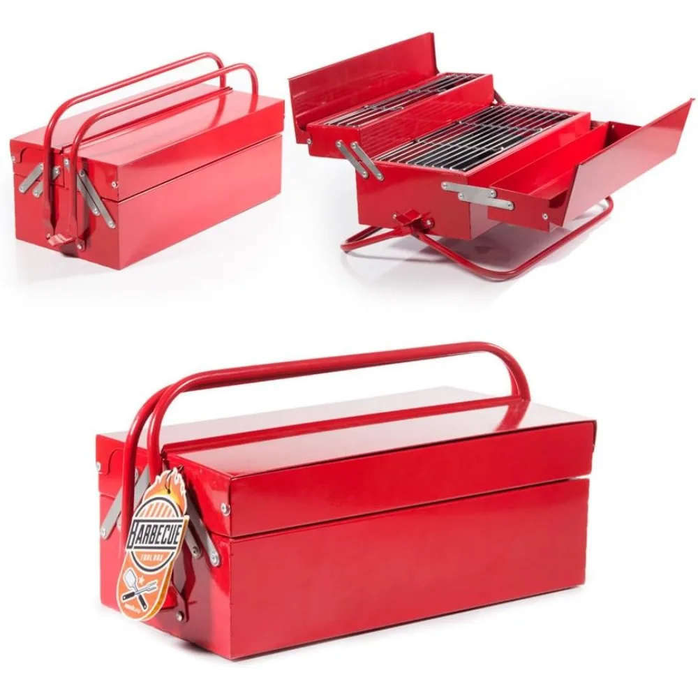 BBQ Grill Gereedschapskist Draagbare BBQ Voor Camping Roestvrij Staal Houtskool Retro Set In Gereedschapskist Cadeaus Voor Mannen