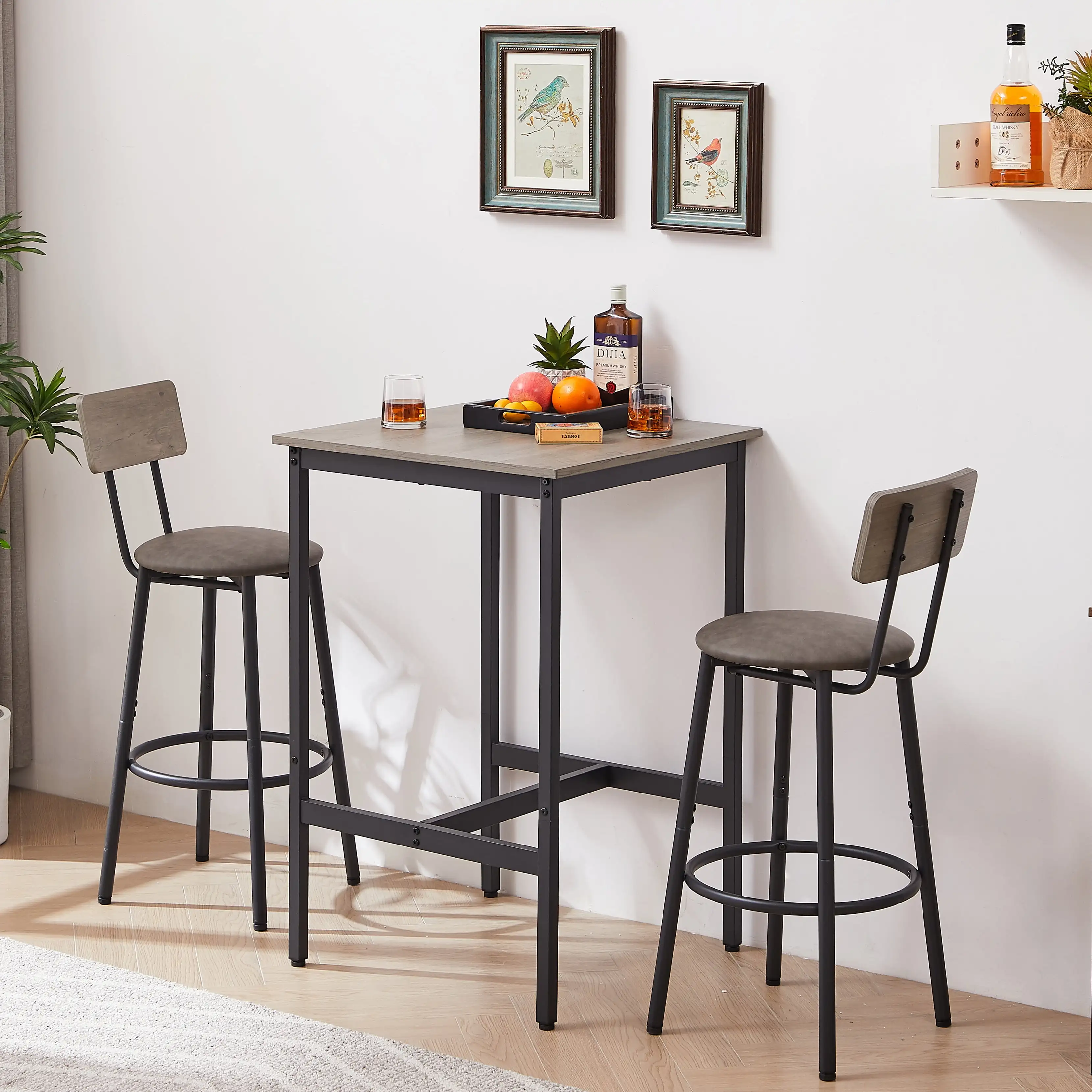 Counter Height Dining Set Kitchen Table Sets with Upholstery Bar Chairs for Small Space, Gray