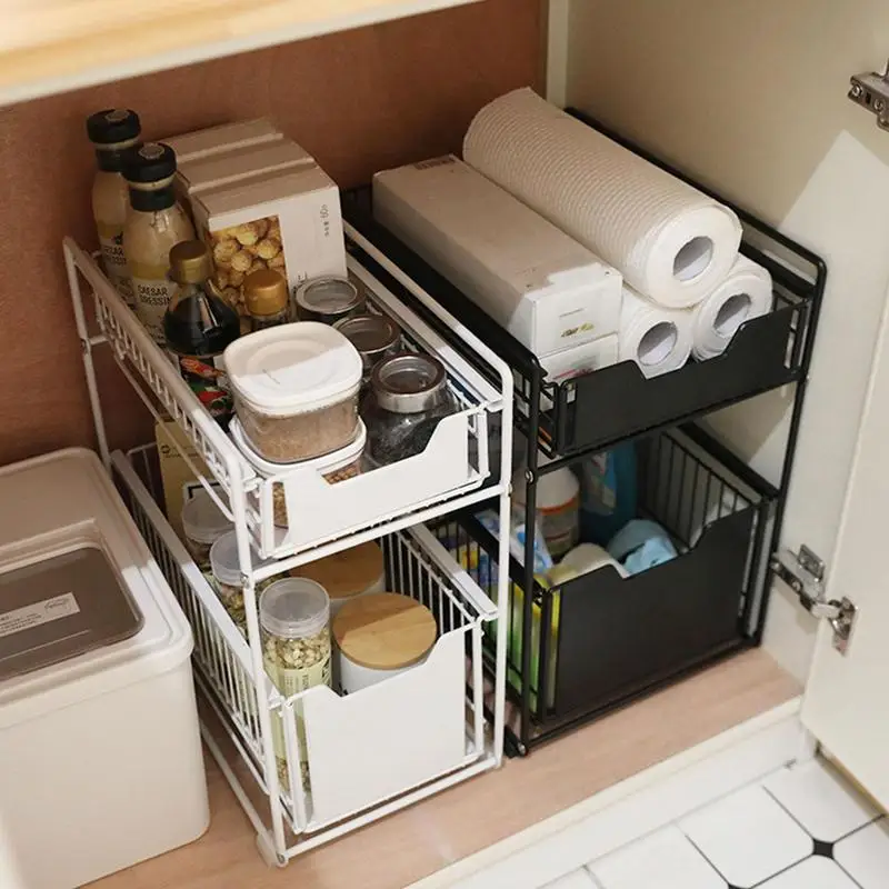 Multi-purpose 2 Tier Sliding Cabinet Basket Under Sink Organizer Storage Rack With Drawers For Home Bathroom Kitchen Accessories