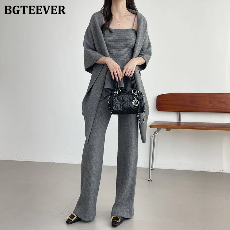 BGTEEVER Autumn Winter Ladies 3 Pieces Sweater Set Knitted Shawl & Sleeveless Camisole & Wide Leg Pants Women Knitted Outfits