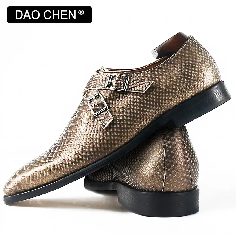 LUXURY BRAND MEN LOAFERS SHOES SNAKE PRINT LEATHER CASUAL DRESS SHOES BUCKLE STRAP SLIP ON OFFICE WEDDING MONK SHOES MEN