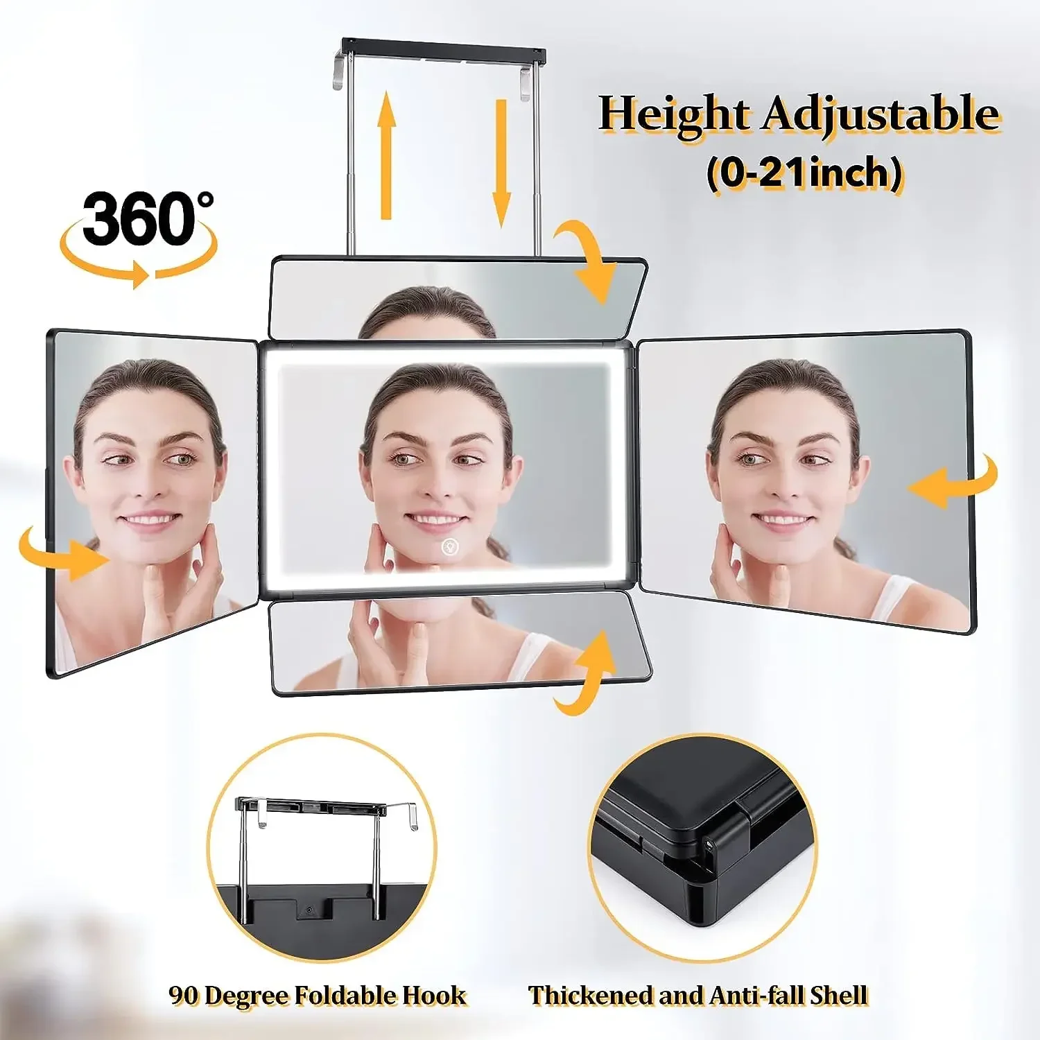 for Self Cut 360 Barber Mirrors 5 Way Mirror for Hair Cutting with LED Light with Adjustable Height Brackets Makeup Mirror