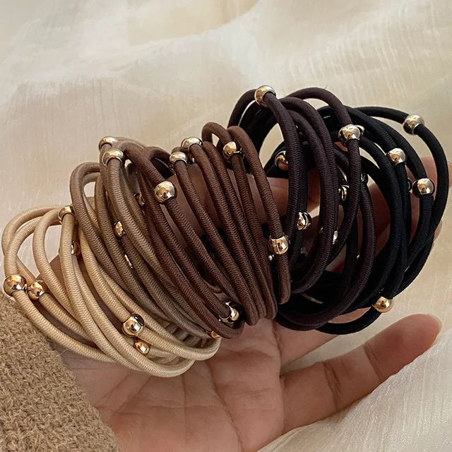 50Pcs Korean Women Elastic Hair Bands Golden Plated Rubber Hair Ties Scrunchies For Girls Ponytail Holder Hair Rings Rope