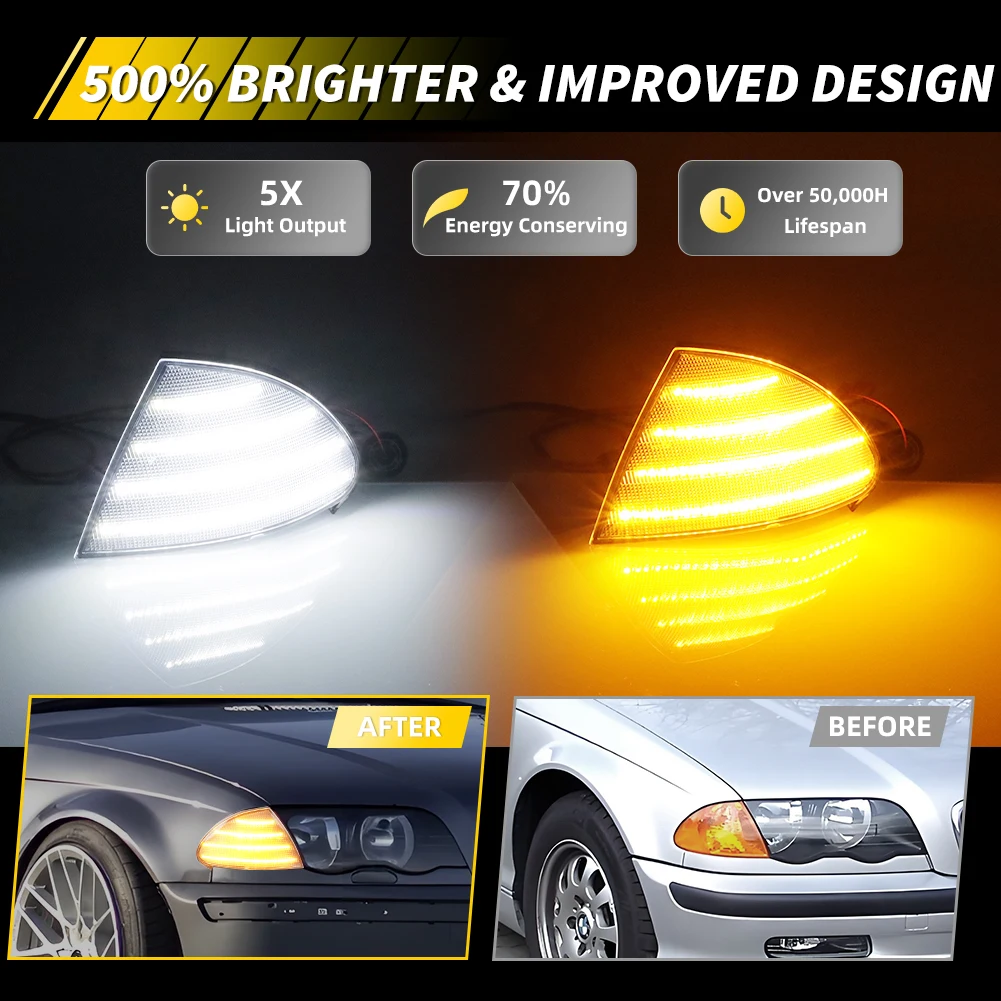 2 قطعة ضوء الزاوية الأمامية مصباح إيقاف السيارة بدوره مصباح إشارة ث/LED ل 1999 2000 2001 BMW 323i/325i/325xi/330xi/330i/328i E46 سيدان