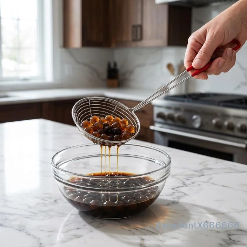 Tapioca Scoop Rust-resistant Stainless Steel Red Comfort Handle Filter Spoon for Bubble Tea Commercial Use