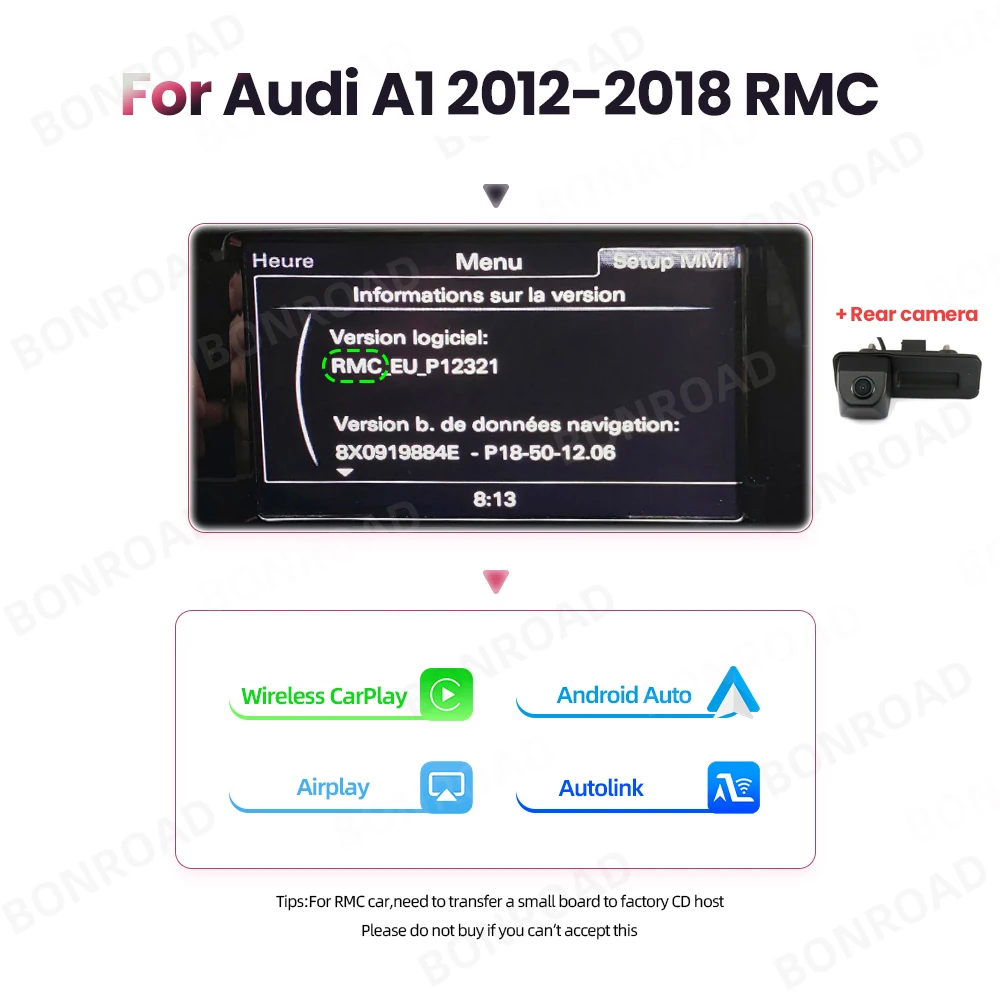 BONROAD Für Audi A1 Q3 2012-2018 RMC HNR Drahtlose CarPlay Android Auto Interface Adapter Mit Spiegel Link AirPlay Bluetooth