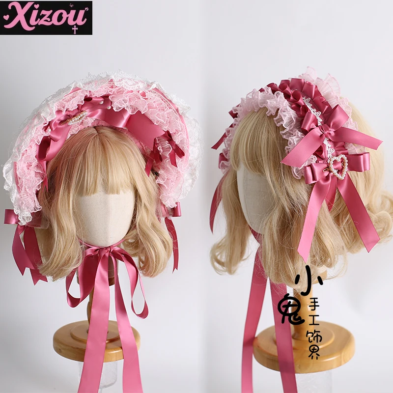 Japanse Lolita Shuanggong Zijde Versie Fluwelen Taart Prachtige Pop Gevoel Ponet Rose Roze Bnt Hoge Hoed Kant Hoofdband voor Vrouw