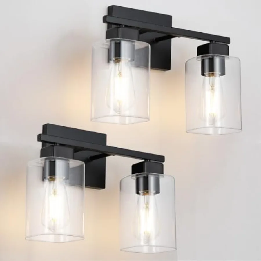 

Pack Matte Black -Light Bathroom Light Fixtures, Bathroom Vanity Light Over Mirror with Square Clear Glass Shade, Modern Farmho
