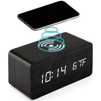 Wooden Digital Alarm Clock 3 Alarms Led Display with Wireless Charging Electronic Alarm Clock For Bedroom Bedside Office