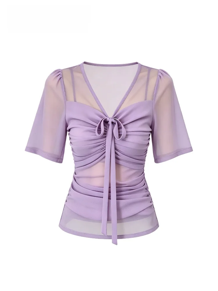 

Fashionable Short Sleeve Shirt for plus Size Women French Style Slim Fit V Neck Polyester Summer New Arrival Ladies Top
