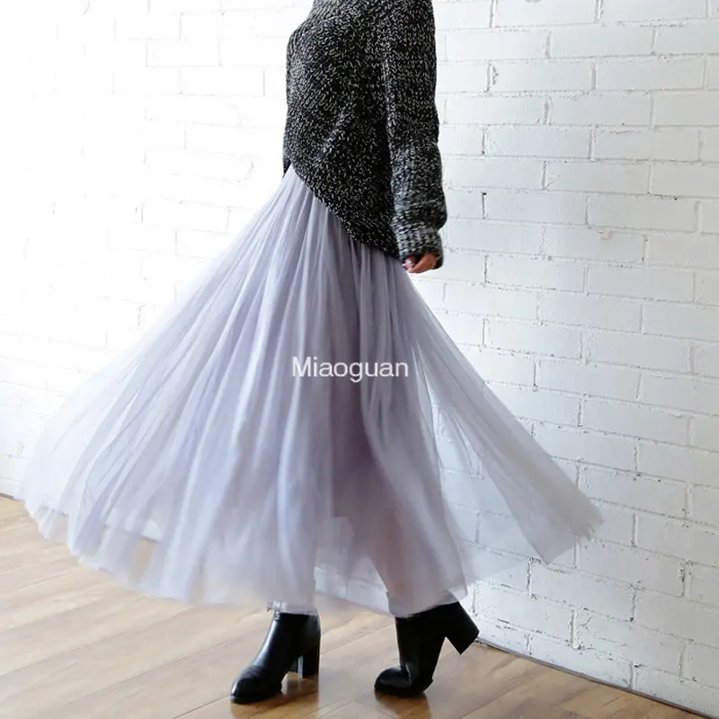 2023 Spring Summer Vintage Long Tulle Skirt Comfort Women's Elastic High Waist Mesh Skirts Pleated Tutu Skirt Female Jupe Longue