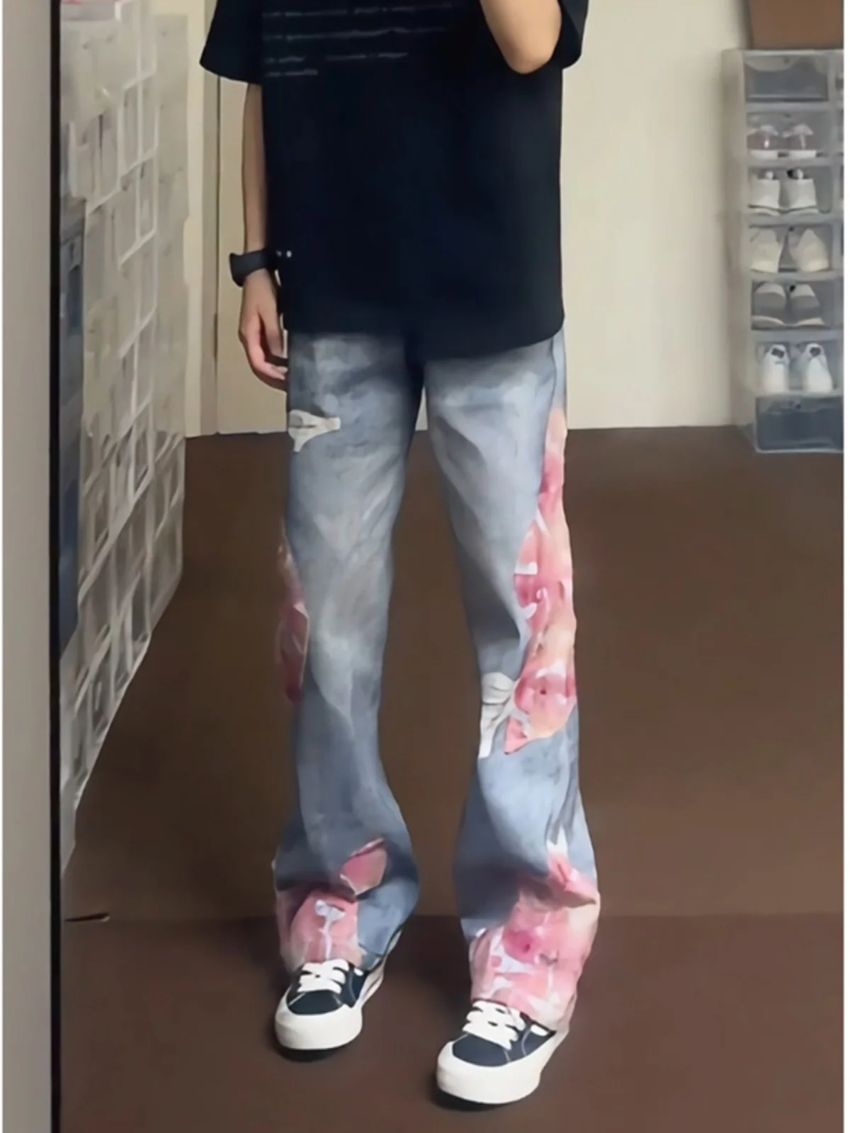 

Blue Straight Leg Jeans Men's Summer Slim Fit Patchwork Ripped Micro Flared Design American Sle Hip Hop Trousers