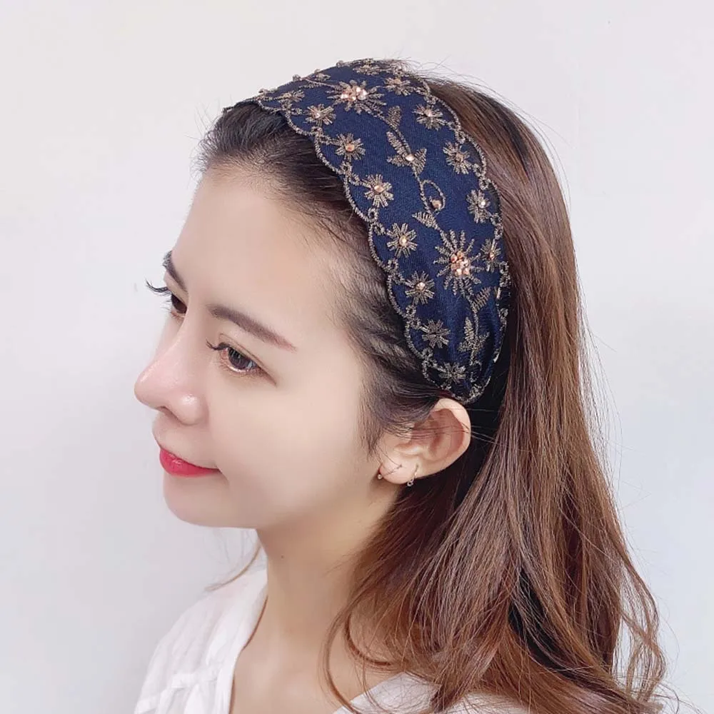 Темперамент, модный женский кружевной корейский стиль, головной убор с цветком, повязка для волос с вышивкой, повязка на голову с широкими краями и кристаллами