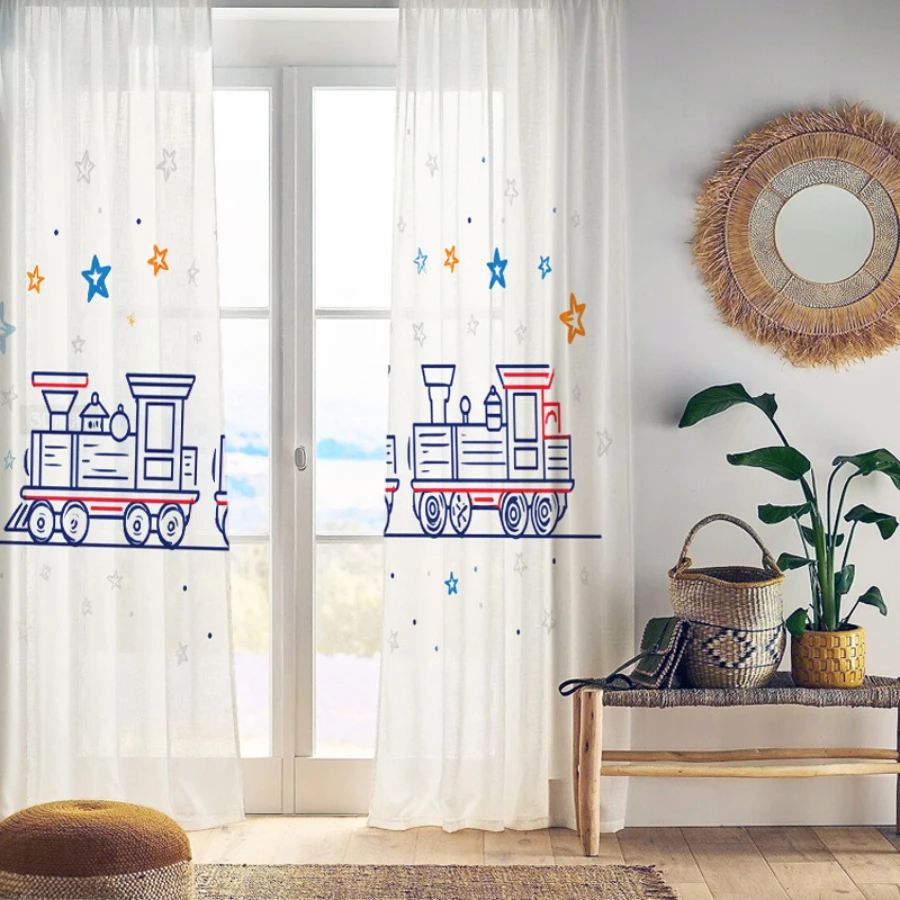 2PCS Digital Print Sheer Curtain, Line Art Train, Whimsical Fantasy Window Curtains for Living Room Bedroom Home Decor