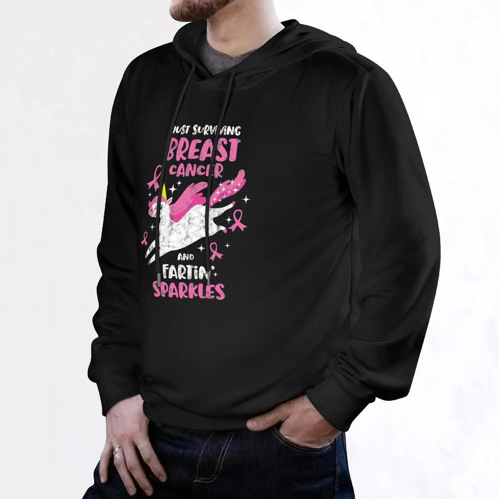 Surviving Breast Cancer Farting Sparkles Unicorn Distressed Pullover Hoodie Herren-Sweatshirt-Trainingsanzug für Herren